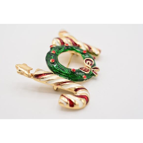 Vintage Christmas JOY Pin Brooch Wreath Enamel Candy Cane Holiday NOS 80s BinA9 - Picture 10 of 12